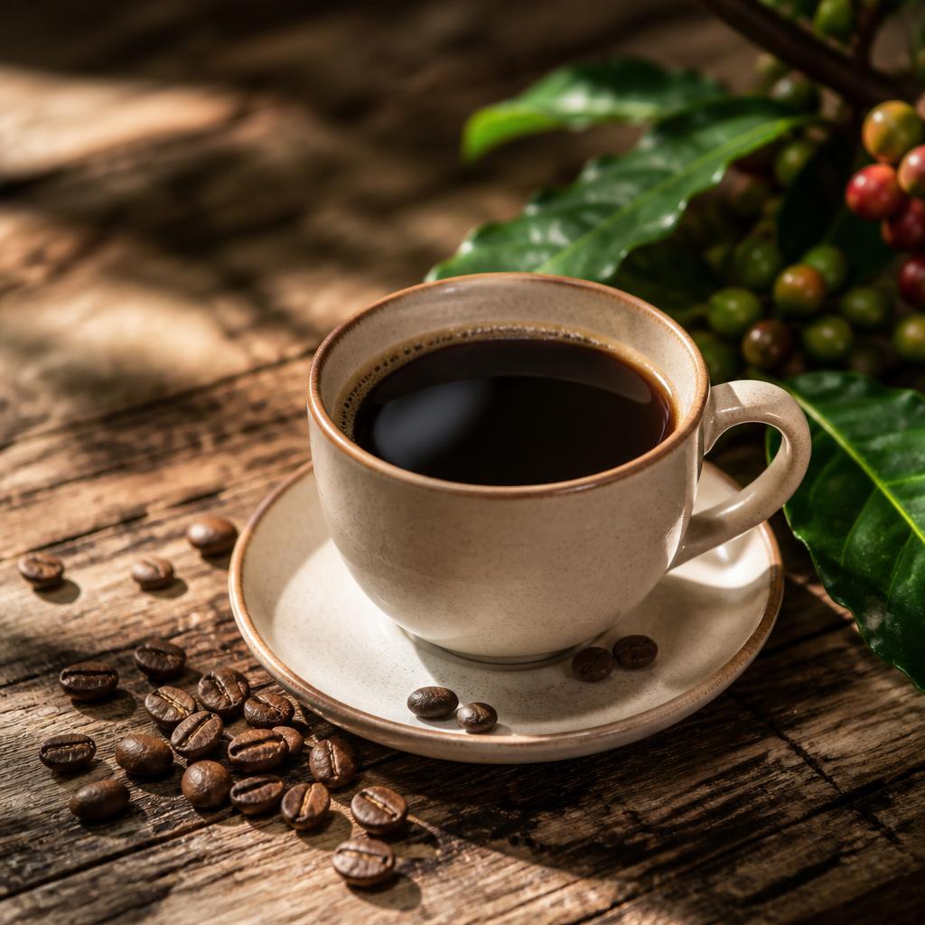 Xícara de café recém-preparado sobre madeira natural, com grãos e folhas de cafezal ao fundo