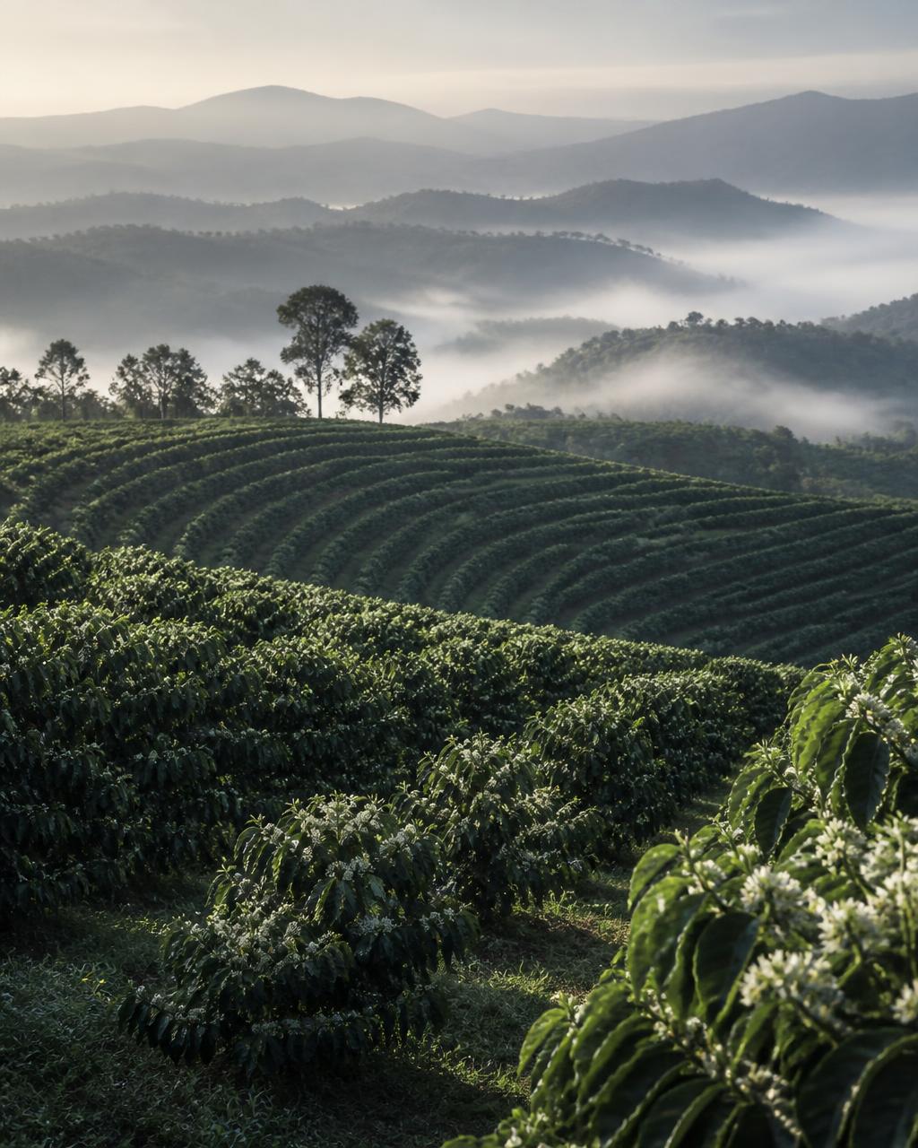 Lavoura de café especial na Serra da Mantiqueira ao amanhecer